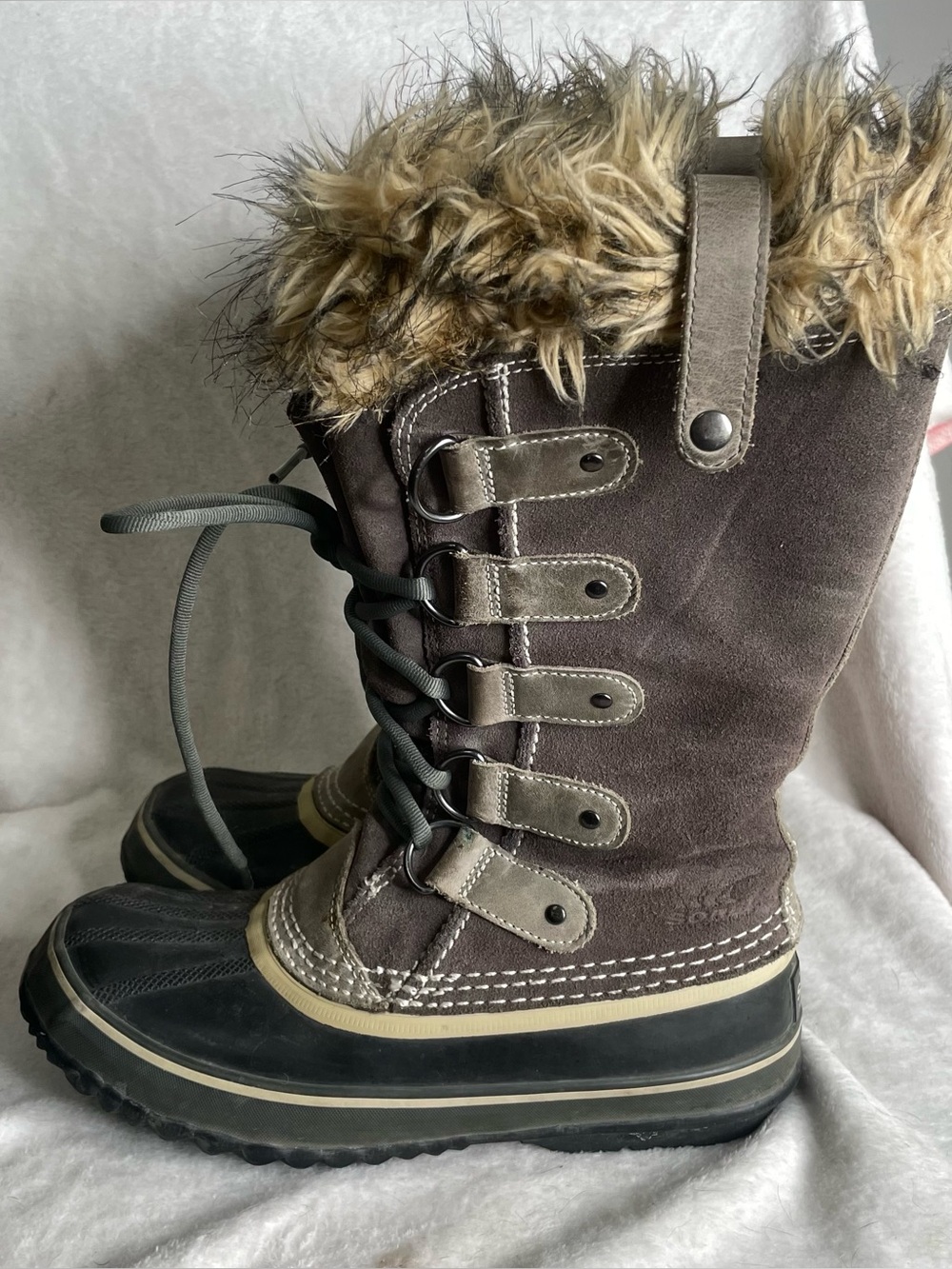 SOREL Joan Of Arctic Women's Boots 7 Gray Suede Waterproof Snow Faux Fur FLAWS - Picture 3 of 9